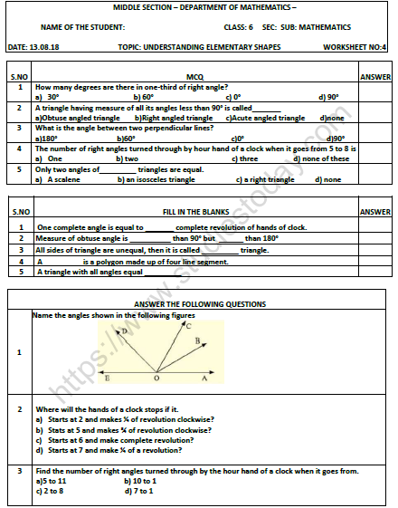 Cbse Class 6 Mathematics Understanding Elementary Shapes Worksheet 2449